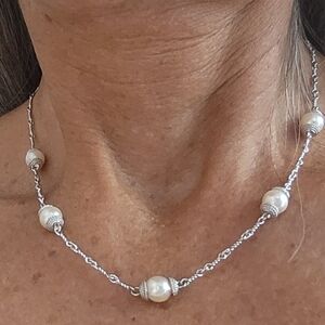 18kt. White Gold With Culured Pearl Station Necklace